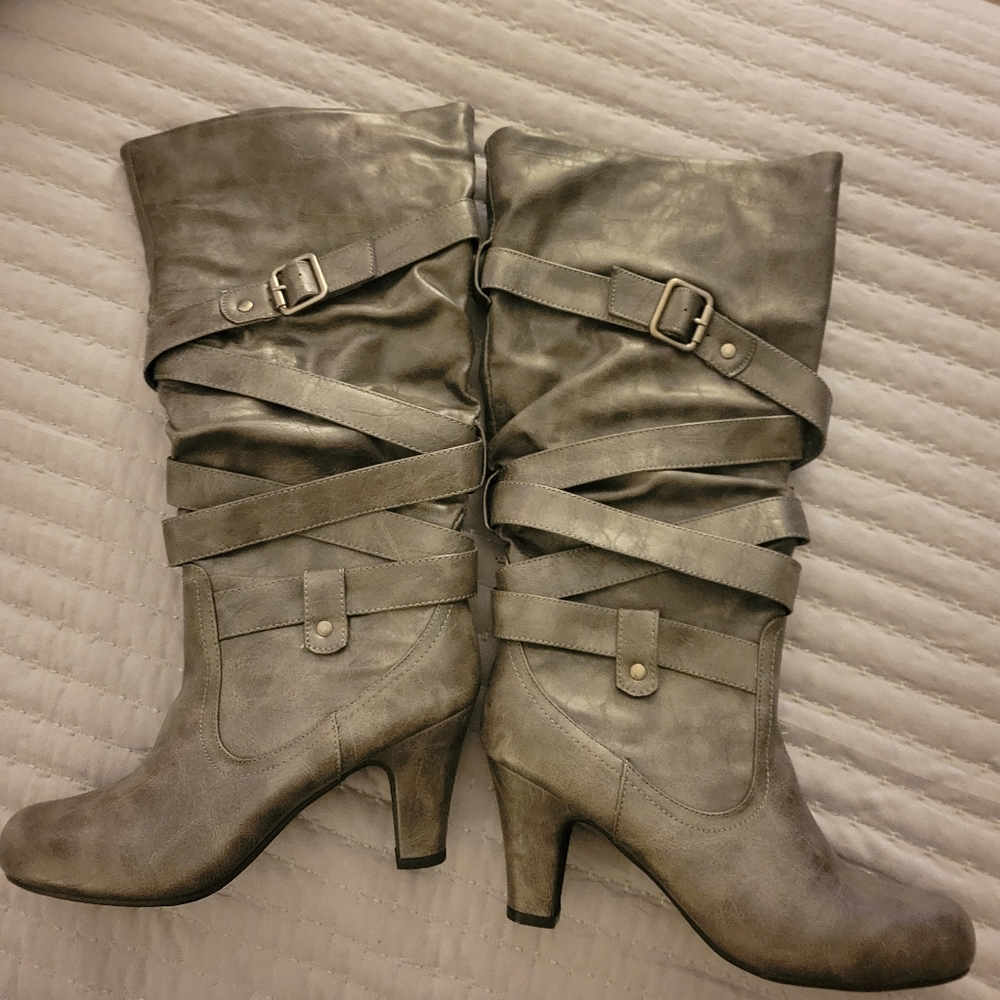Strappy grey faux leather boots - never worn